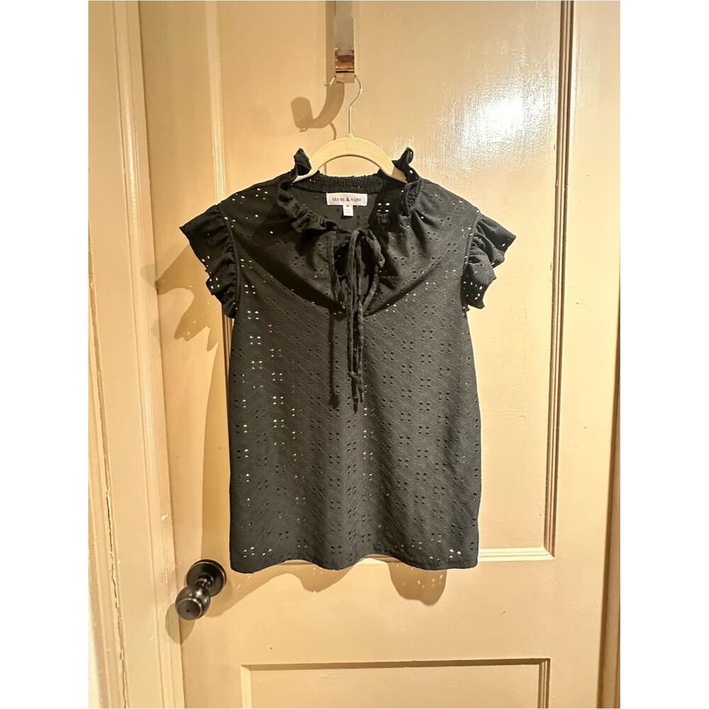 Stem & Vine Black Eyelet Ruffle Tie-Neck Blouse